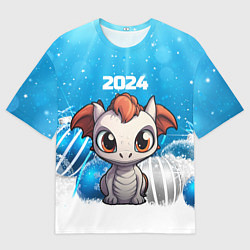 Мужская футболка оверсайз Белый дракон с новогодними шариками