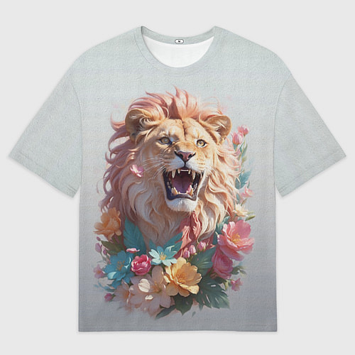 Мужская футболка оверсайз Голова льва в цветах на холсте / 3D-принт – фото 1