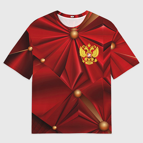 Мужская футболка оверсайз Золотой герб России на красной абстракции / 3D-принт – фото 1