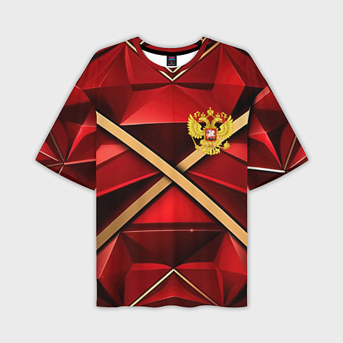 Мужская футболка оверсайз Герб России на красном абстрактном фоне / 3D-принт – фото 1
