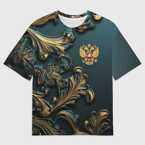 Мужская футболка оверсайз Герб России и бирюзовый фон / 3D-принт – фото 1