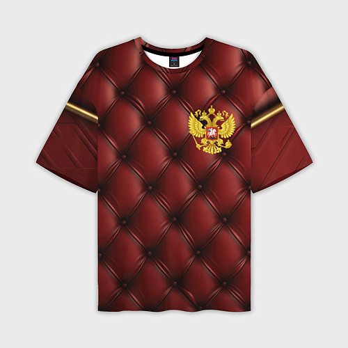 Мужская футболка оверсайз Золотой герб России на красном кожаном фоне / 3D-принт – фото 1
