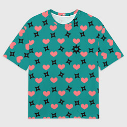 Футболка оверсайз мужская Бирюза и розовый: сердца и сюрикены, цвет: 3D-принт