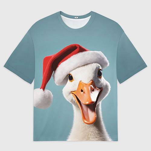 Мужская футболка оверсайз Смеющийся гусь в новогодней шапке / 3D-принт – фото 1