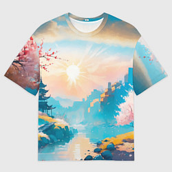 Футболка оверсайз мужская Японский город вдали и цветущая Сакура у реки, цвет: 3D-принт