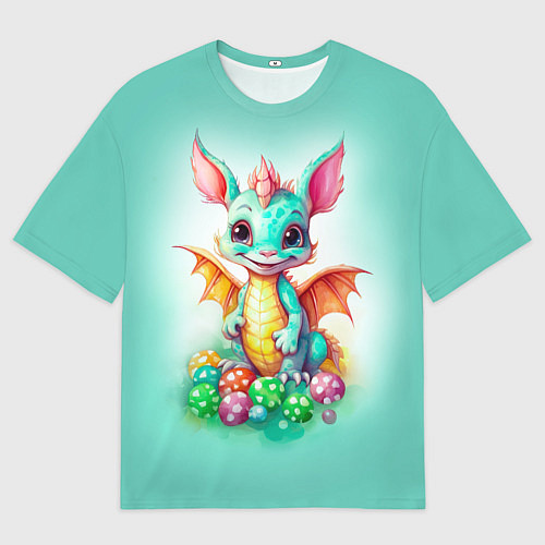Мужская футболка оверсайз Зеленый дракончик с новогодними игрушками / 3D-принт – фото 1