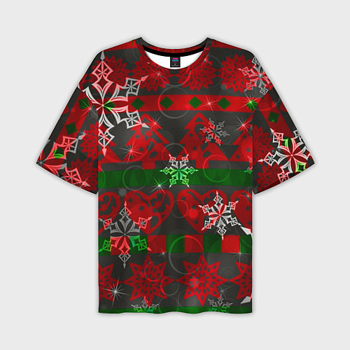 Мужская футболка оверсайз Рождественские узоры ёлки и снежинки / 3D-принт – фото 1