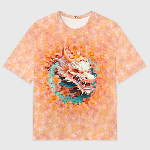 Мужская футболка оверсайз Китайский дракон в розовых цветах / 3D-принт – фото 1