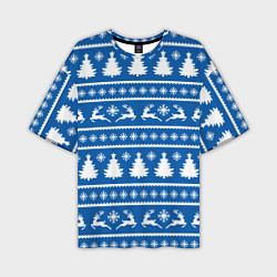 Мужская футболка оверсайз Синий свитер с новогодними оленями