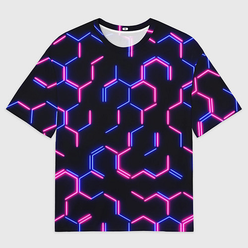 Мужская футболка оверсайз Сине-розовые неоновые неполные гексагоны / 3D-принт – фото 1