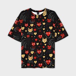 Мужская футболка оверсайз Паттерн с сердечками и котами валентинка