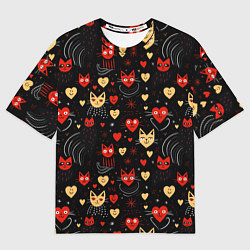 Футболка оверсайз мужская Паттерн с сердечками и котами валентинка, цвет: 3D-принт