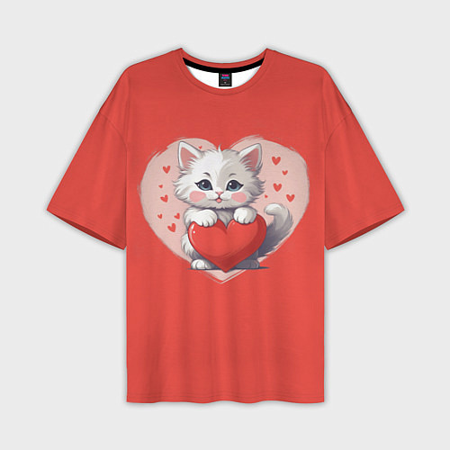 Мужская футболка оверсайз Мультяшный котенок держит красное сердечко / 3D-принт – фото 1