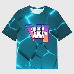 Футболка оверсайз мужская GTA 6 лого на фоне разлома голубых плит, цвет: 3D-принт