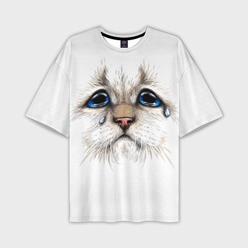 Мужская футболка оверсайз Белый плачущий кот / 3D-принт – фото 1