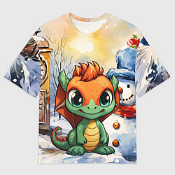 Футболка оверсайз мужская Зелено-оранжевый дракон, цвет: 3D-принт