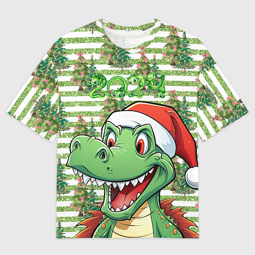 Мужская футболка оверсайз Зеленый радостный дракон новогодний / 3D-принт – фото 1
