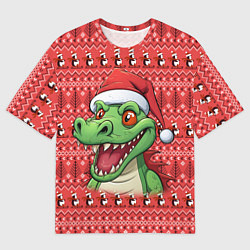 Мужская футболка оверсайз Зеленый дракон на красном новогоднем фоне