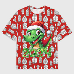 Футболка оверсайз мужская Зеленый дракон на рождественском фоне, цвет: 3D-принт