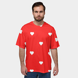 Футболка оверсайз мужская Белые сердца на красном фоне, цвет: 3D-принт — фото 2