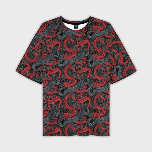 Мужская футболка оверсайз Красные драконы на сером фоне / 3D-принт – фото 1