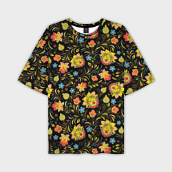 Мужская футболка оверсайз Хохломская роспись разноцветные цветы