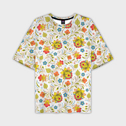 Мужская футболка оверсайз Хохломская роспись разноцветные цветы на белом фон