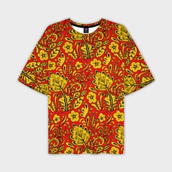Мужская футболка оверсайз Хохломская роспись золотистые цветы на красном фон