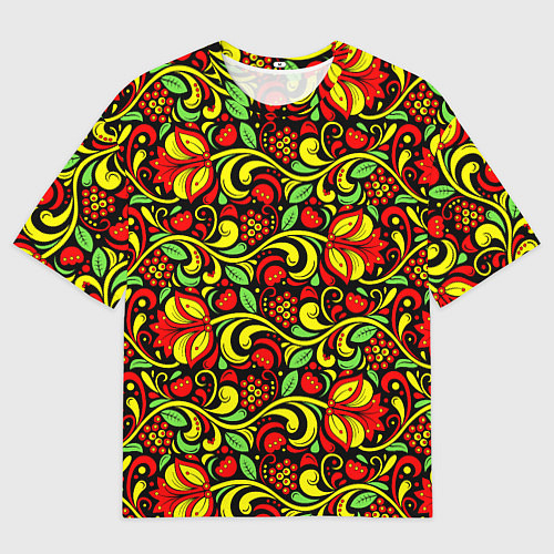 Мужская футболка оверсайз Хохломская роспись красные цветы и ягоды / 3D-принт – фото 1