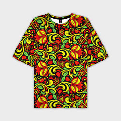 Мужская футболка оверсайз Хохломская роспись красные цветы и ягоды