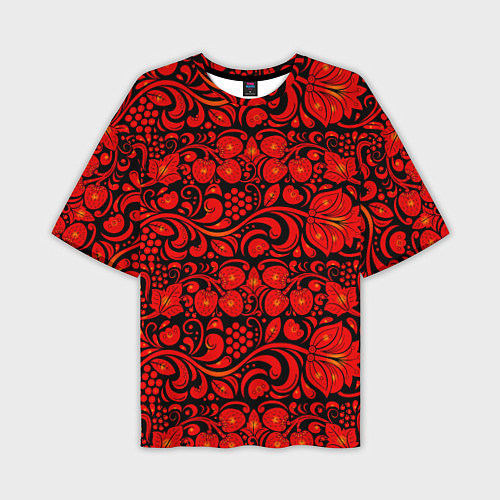 Мужская футболка оверсайз Хохломская роспись красные цветы и ягоды на чёрном / 3D-принт – фото 1