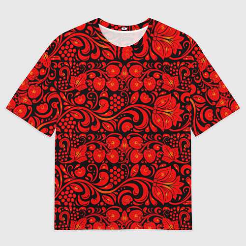 Мужская футболка оверсайз Хохломская роспись красные цветы и ягоды на чёрном / 3D-принт – фото 1