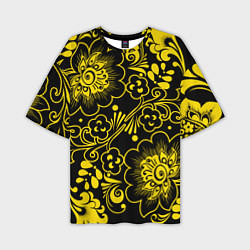 Мужская футболка оверсайз Хохломская роспись золотые цветы на чёроном фоне