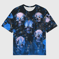 Футболка оверсайз мужская Синие черепа на чёрном фоне, цвет: 3D-принт