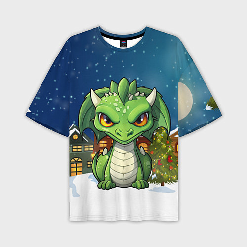 Мужская футболка оверсайз Зеленый дракон на фоне города / 3D-принт – фото 1