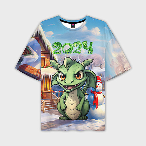 Мужская футболка оверсайз Снежный зимний дом с драконом / 3D-принт – фото 1