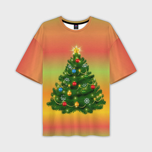 Мужская футболка оверсайз Ёлка новогодняя украшенная на ярком разноцветном ф / 3D-принт – фото 1