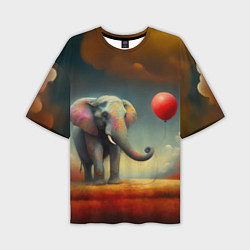 Футболка оверсайз мужская Грустный слон и красный шарик, цвет: 3D-принт