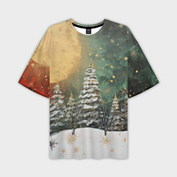 Мужская футболка оверсайз Большая луна и новогодний лес