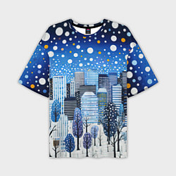 Мужская футболка оверсайз Новогодний синий ночной город