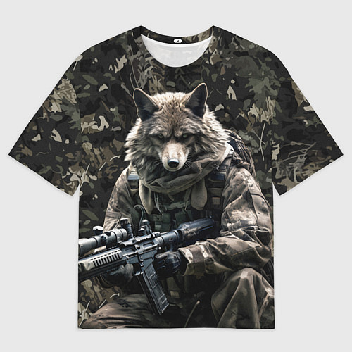 Мужская футболка оверсайз Волк солдат в камуфляже / 3D-принт – фото 1