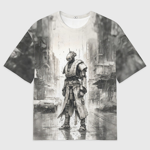 Мужская футболка оверсайз Одинокий робот под дождём / 3D-принт – фото 1