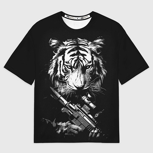 Мужская футболка оверсайз Тигр с винтовкой / 3D-принт – фото 1