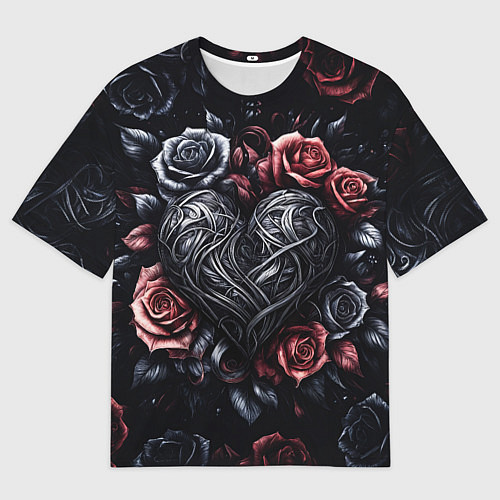 Мужская футболка оверсайз Витиеватое сердце с розами / 3D-принт – фото 1