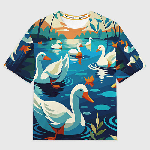 Мужская футболка оверсайз Гуси лебеди вода / 3D-принт – фото 1