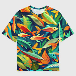 Футболка оверсайз мужская Стая пестрых рыбок паттерн, цвет: 3D-принт