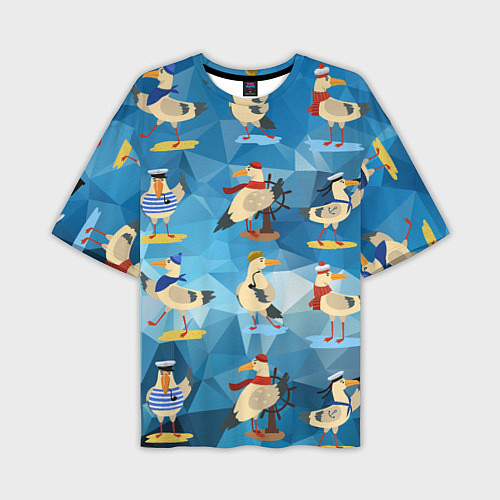 Мужская футболка оверсайз Паттерн чаек на полигональном синем / 3D-принт – фото 1