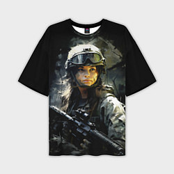 Мужская футболка оверсайз Девушка воин в боевой экипировке