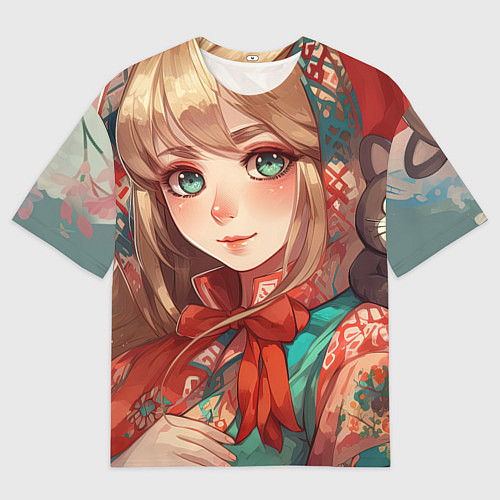 Мужская футболка оверсайз Русская девушка в аниме стиле в платке и с плюшево / 3D-принт – фото 1