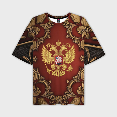 Мужская футболка оверсайз Золотой герб России на красном фоне лепнина / 3D-принт – фото 1